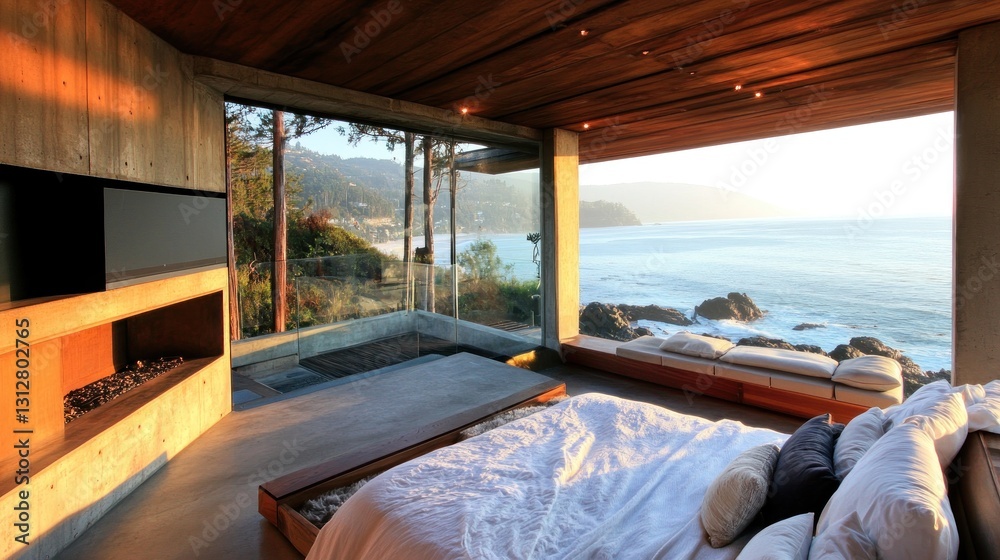 Fototapeta premium Ocean View Bedroom with Modern Design and Coastal Landscape Scenery