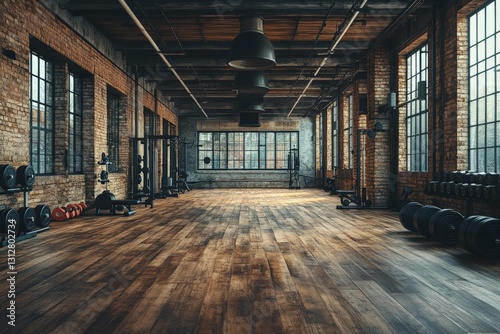 Obraz na płótnie Spacious and well-lit gym interior with rustic charm and ample workout equipment in a modern industrial style w salonie