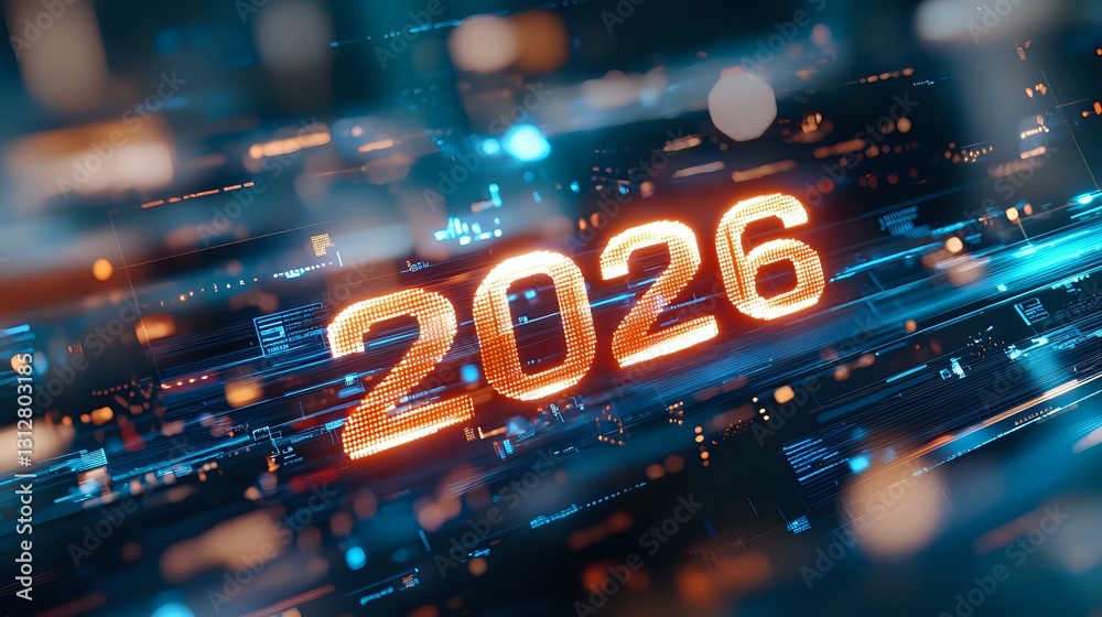 Glowing orange 2026 number floating in digital space with blue light streaks, bokeh effects and motion blur creating futuristic technology background. Glowing orange 2026 number floating in digital space with blue light streaks, bokeh effects and motion blur creating futuristic technology background.