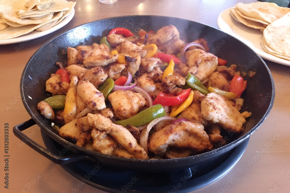 A sizzling skillet of fajitas with grilled chicken, bell peppers, onions, and spices served with warm tortillas on the side. A sizzling skillet of fajitas with grilled chicken, bell peppers, onions, and spices served with warm tortillas on the side.