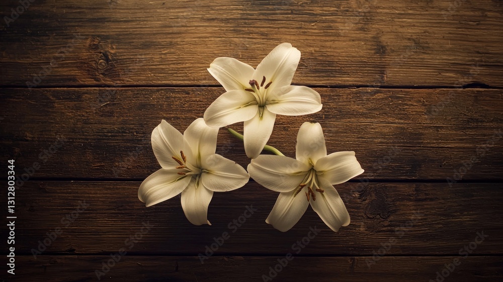 Three white lilies arranged on rustic wooden surface. Three white lilies arranged on rustic wooden surface.