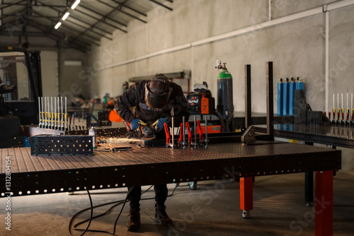 Φωτογραφία Metalworker in protective gear operates an angle grinder, generating sparks whil