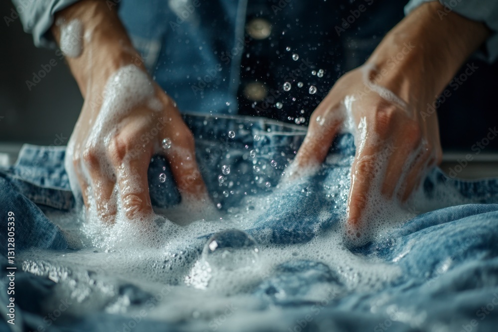 Fototapeta premium Person hand washing blue denim clothing with soap suds and bubbles in water