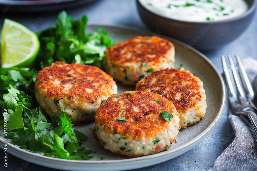 Homemade salmon fishcakes with spicy lime yogurt dip Homemade salmon fishcakes with spicy lime yogurt dip
