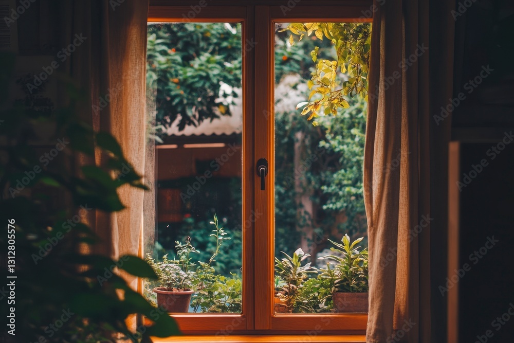 Fototapeta premium Cozy Window View with Plants and Sunlight Casting Warm Glow on Curtains in Comfortable Home