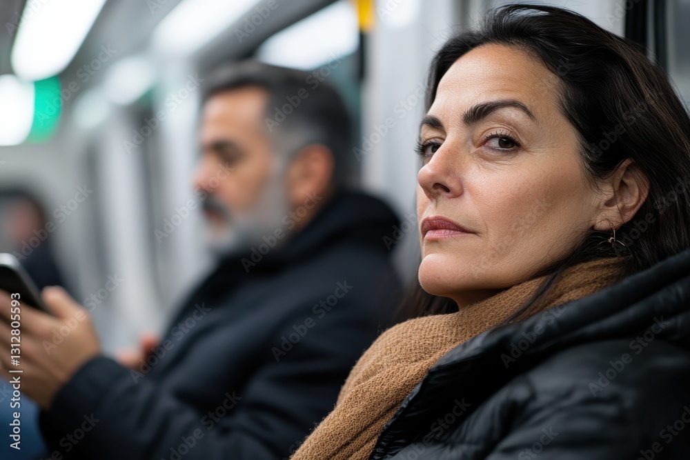 This image captures a pensive woman with a scarf, as a man with a graying beard appears focused on his phone, showcasing the introspective moments of urban travel. This image captures a pensive woman with a scarf, as a man with a graying beard appears focused on his phone, showcasing the introspective moments of urban travel.