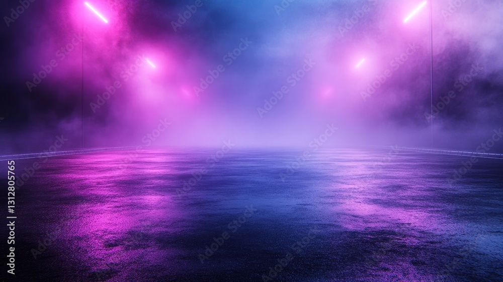 Fototapeta premium Neon Nightscape: Foggy Road Illuminated by Vibrant Pink and Blue Lights