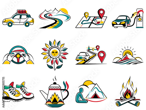 Road trip icon set with travel and adventure elements.