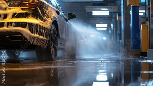 A car wash scene features a high-pressure vehicle washer machine spraying foam soap.