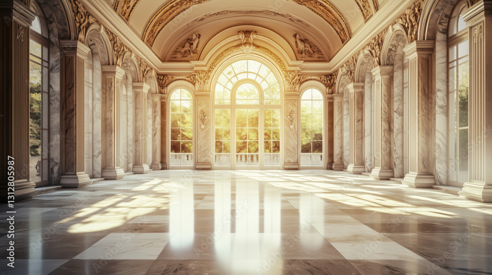 Elegant Marble Hall with Polished Floors, Intricate Stone Carvings, and Large Windows Opening to Outdoors, Providing a Timeless Backdrop for Text, copy space Elegant Marble Hall with Polished Floors, Intricate Stone Carvings, and Large Windows Opening to Outdoors, Providing a Timeless Backdrop for Text, copy space