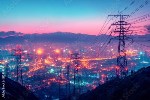 Urban electric grid cityscape panorama at dusk with pink and blue sky, towering metal power lines, energy distribution infrastruct photo