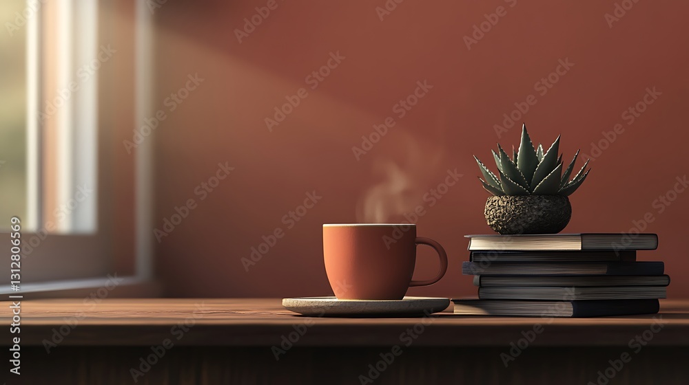 Obraz premium A warm beverage and a potted plant sit on a wooden surface