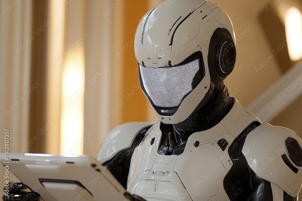 Robot interacting with a tablet in a modern interior during daytime