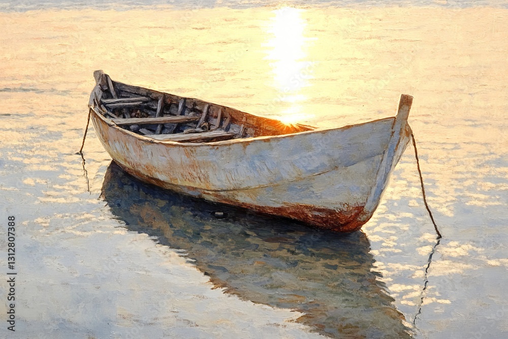 Serene Sunset Golden Hour Peaceful Boat Calm Water Tranquil Scene Rustic Wooden Rowboat Stillness Reflective Surface Old Weathered Boat Coastal Serene Sunset Golden Hour Peaceful Boat Calm Water Tranquil Scene Rustic Wooden Rowboat Stillness Reflective Surface Old Weathered Boat Coastal