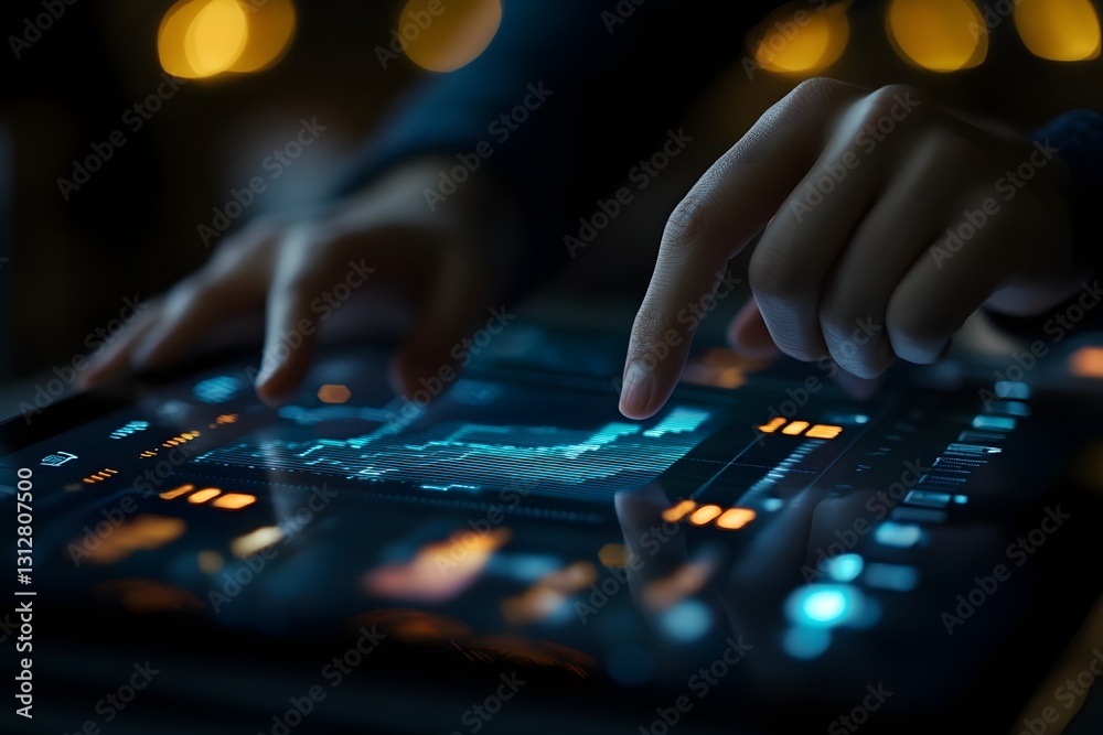 Hands interacting with digital data on tablet Hands interacting with digital data on tablet
