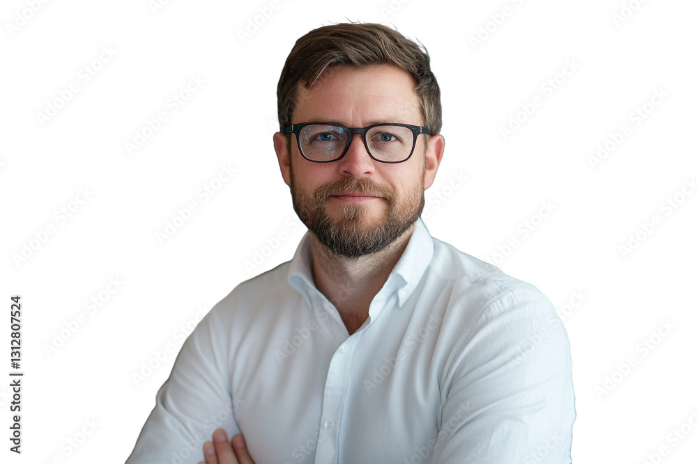 Fototapeta premium Business professional wearing glasses poses confidently against a plain background in a bright office setting
