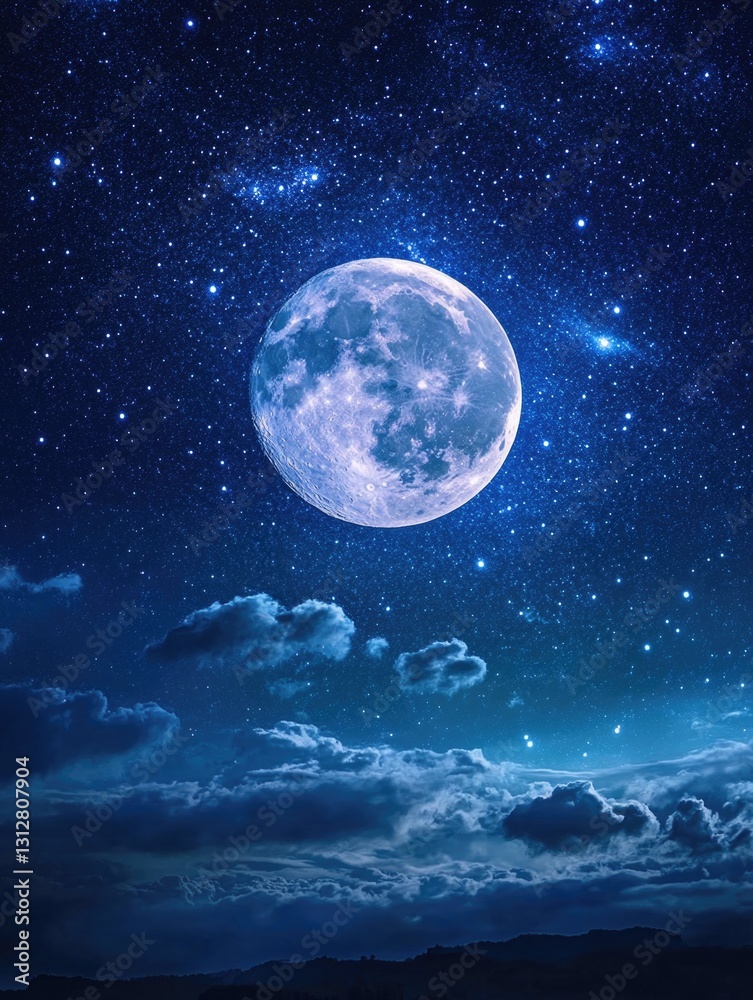 Fototapeta premium A large blue moon is in the sky above a cloudy night. The sky is dark and the stars are visible