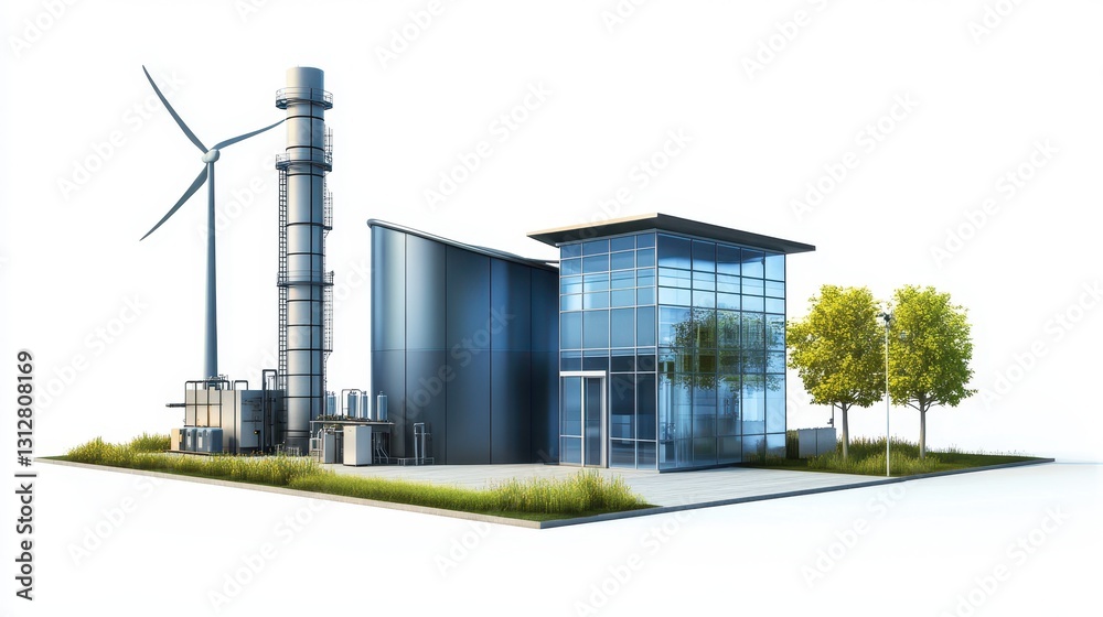Obraz premium A clean and modern illustration of a hydrogen fuel and wind power plant, showcasing the combination of renewable energy sources.