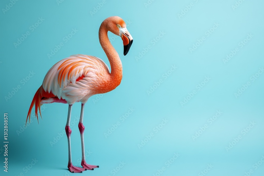 Obraz premium Flamingo standing gracefully against a vibrant blue background displaying its stunning feathers