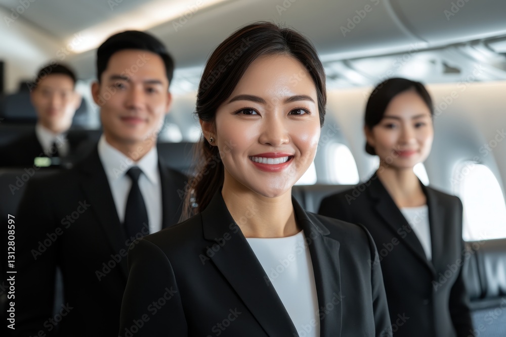 In a sleek airplane setting, airline staff members display their readiness to assist passengers while exuding a sense of style and professionalism. In a sleek airplane setting, airline staff members display their readiness to assist passengers while exuding a sense of style and professionalism.