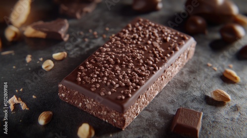 A chocolate bar sprinkled with nuts, looking deliciously tempting and ready to eat.
