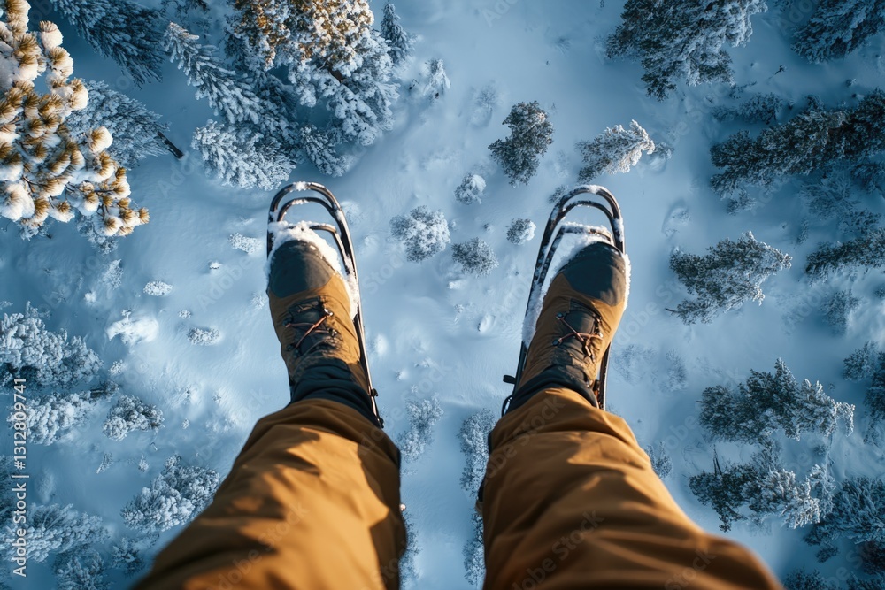 A winter scene where a snowboarder or hiker is climbing a snowy mountain. From the top, feet clad in ski boots and equipment are visible. A winter scene where a snowboarder or hiker is climbing a snowy mountain. From the top, feet clad in ski boots and equipment are visible.