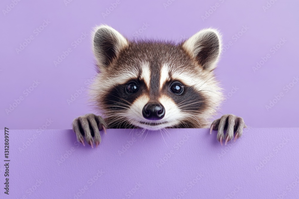 Obraz premium Curious raccoon peeking over a purple surface, showcasing fine details of the animal's features and playful expression