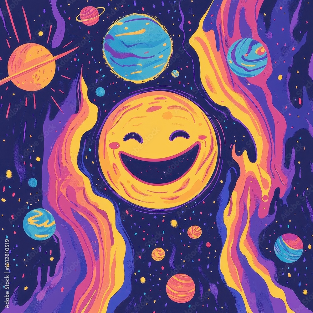 Fototapeta premium Smiling sun character with planets and cosmic colorful background