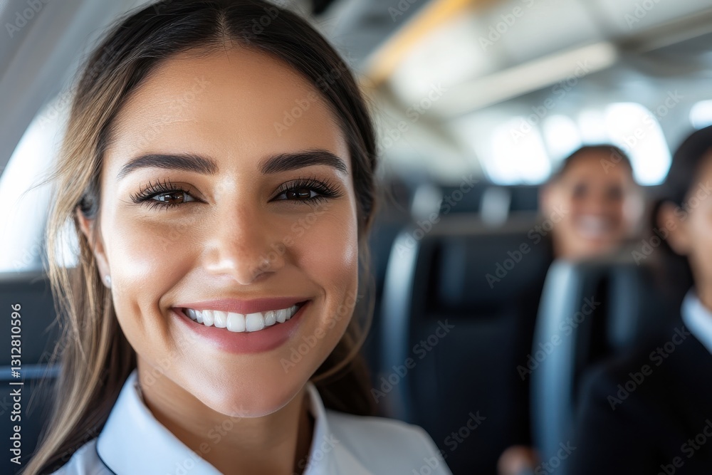 Fototapeta premium A smiling cabin crew member showcases a bright personality in the airplane, ready to assist passengers while creating a friendly and welcoming environment during the flight.