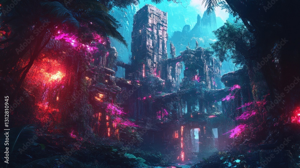 Fototapeta premium Neon Jungle Ruins: A Digital Fantasy Landscape