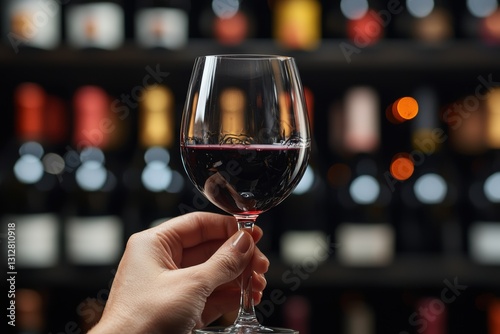 Hand holding a glass of red wine in a wine cellar with shelves full of bottles, wine tasting and appreciation concept