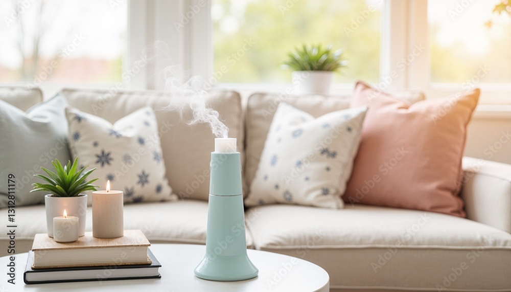 Modern air humidifier on a coffee table in a cozy living room with pastel pillows, candles, and green plants, enhancing air quality for allergy relief during spring season Modern air humidifier on a coffee table in a cozy living room with pastel pillows, candles, and green plants, enhancing air quality for allergy relief during spring season