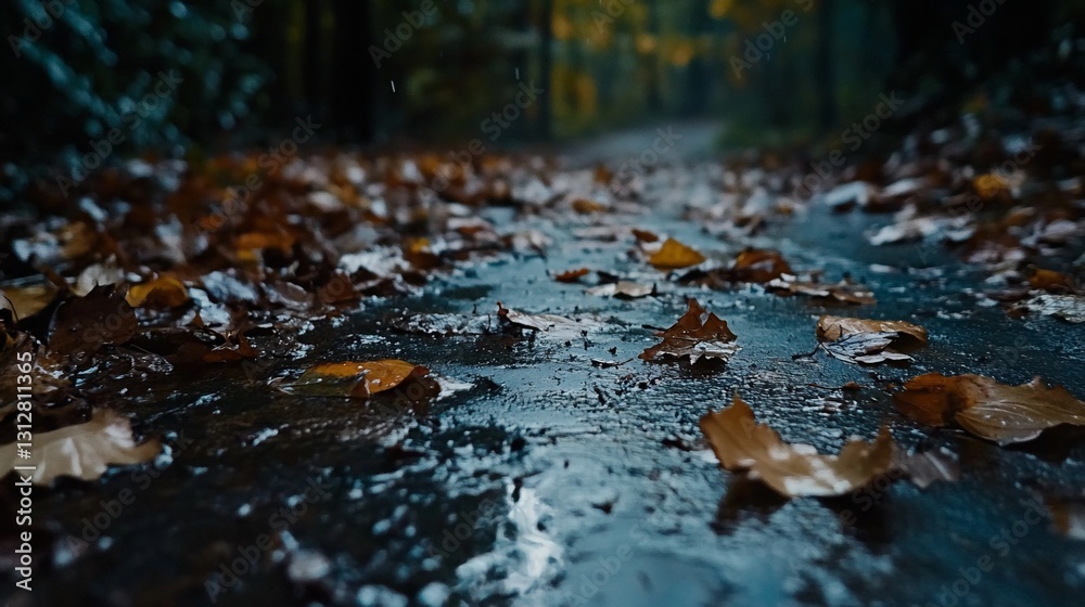 Fototapeta premium Rainy autumn path with fallen leaves.