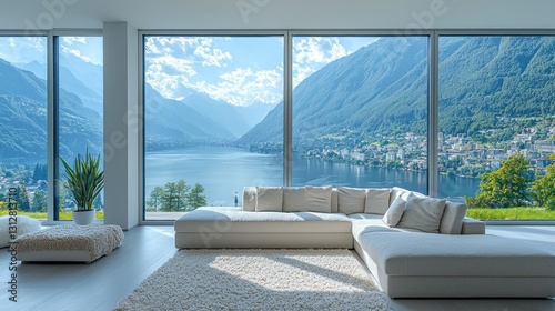 Living Room Interior with Lake View  Mountain Scenery and Modern Design
