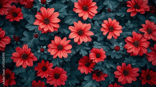 A close-up view of vibrant red flowerbeds blooming against a dark, moody floral textured background. photo