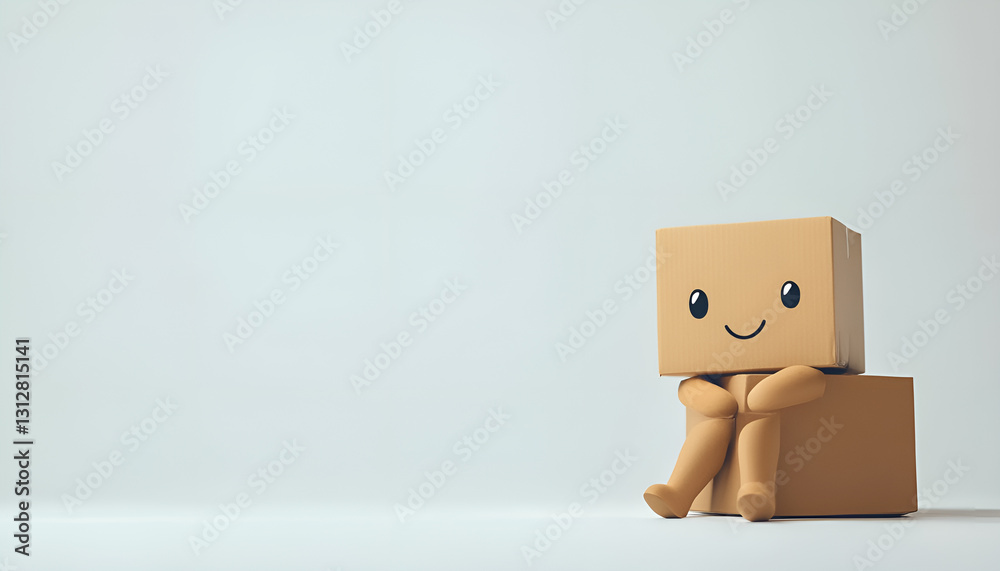 Obraz premium Think outside the box concept with cute box character sitting thoughtfully next to an empty container, on a white plain background. Space for copy text