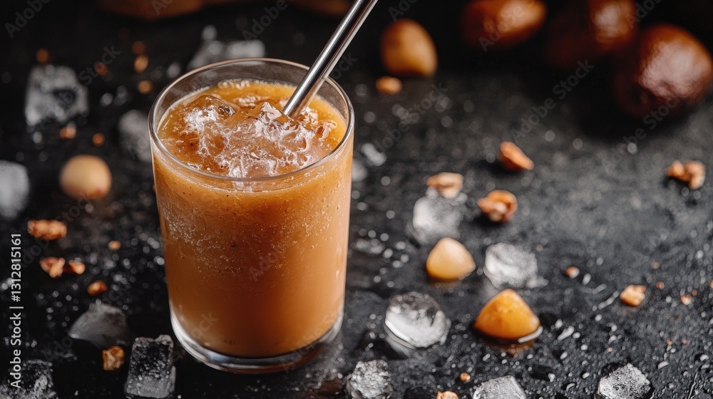 Refreshing Iced Coffee Drink with Ice Cubes and Straws on Black Surface Surrounded by Nuts and Sweet Treats Refreshing Iced Coffee Drink with Ice Cubes and Straws on Black Surface Surrounded by Nuts and Sweet Treats