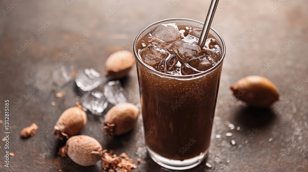 Refreshing Dark Beverage with Ice and Nuts on Rustic Table Surface Refreshing Dark Beverage with Ice and Nuts on Rustic Table Surface
