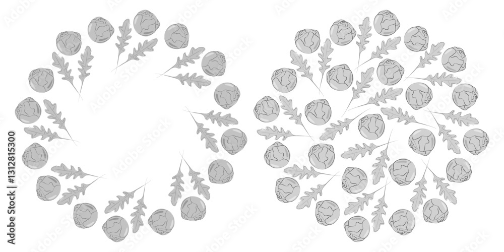 Fototapeta premium Brussels sprout heads Arugula leaves Circular Frame Background Healthy food Copyspace Template Set 2