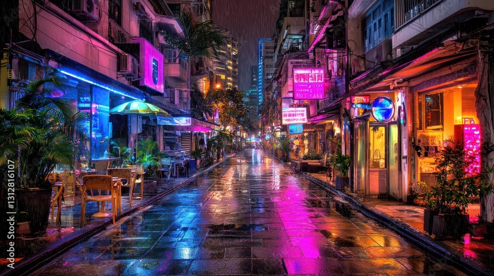 Obraz premium Neon Nights: A Rainy Hong Kong Alleyway