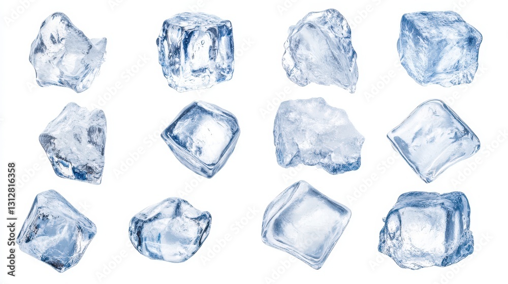 Obraz premium A collection of ice cubes isolated on a white background, showcasing various shapes and sizes of frozen ice pieces.