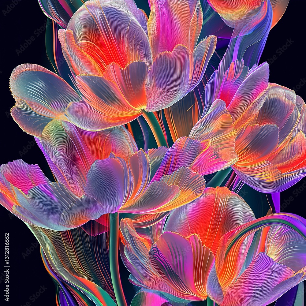 Abstract tulip pattern, glowing with radiant neon gradients, forming surreal shapes, dynamic and artistic, ultra-detailed and futuristic Abstract tulip pattern, glowing with radiant neon gradients, forming surreal shapes, dynamic and artistic, ultra-detailed and futuristic