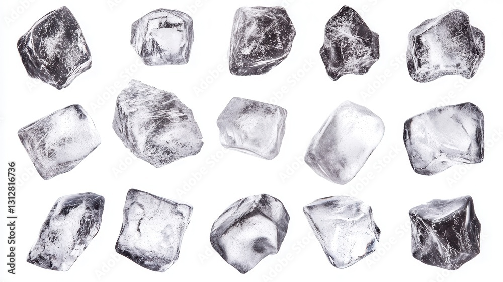 Naklejka premium A collection of ice cubes isolated on a white background, showcasing various shapes and sizes of frozen ice pieces.