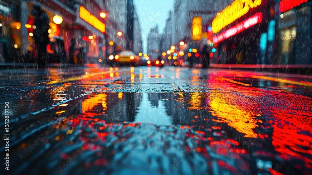 Fototapeta premium Rainy city street at night, vibrant reflections.
