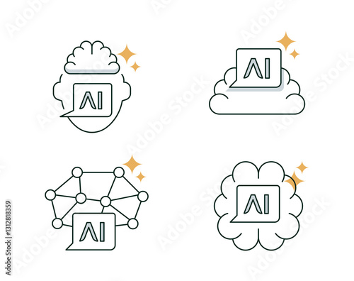 AI Agent Icons Set. Cognitive AI, Cloud AI, Neural Network, Conversational AI. Editable Stroke Icons.