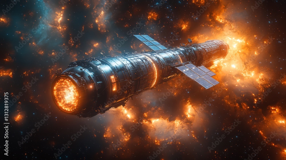 A space ship is flying through a fiery cloud of space debris. The ship is surrounded by a bright orange glow, and the debris is scattered all around it. The scene is intense and dramatic A space ship is flying through a fiery cloud of space debris. The ship is surrounded by a bright orange glow, and the debris is scattered all around it. The scene is intense and dramatic