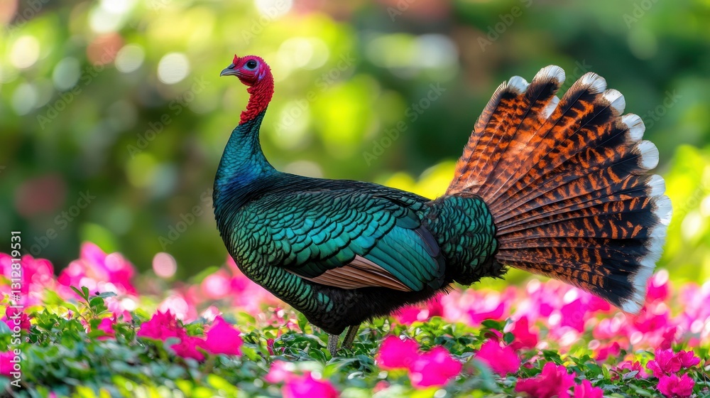 Obraz premium Colorful Wild Turkey in a Flower Garden