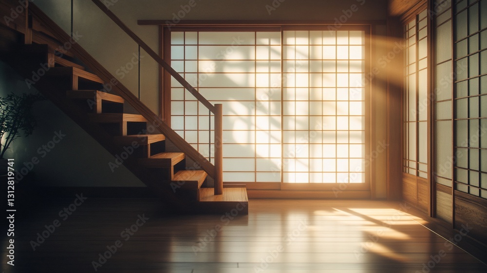 Sunlit wooden staircase and shoji screen in a minimalist Japanese-style interior.