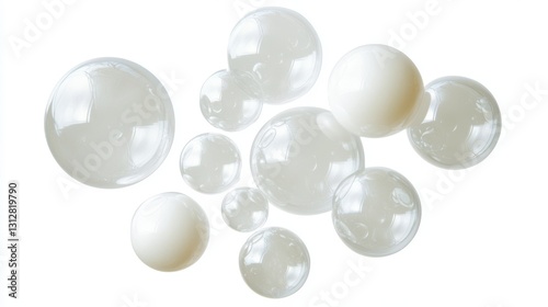 A collection of white soap bubbles isolated on a white background, showcasing their delicate and ethereal nature. photo