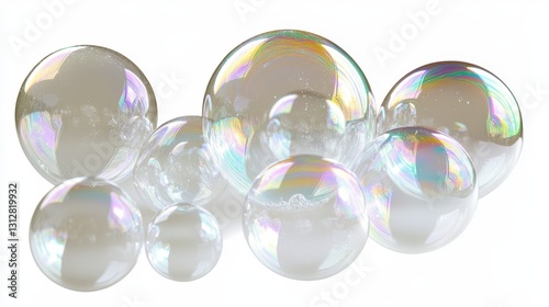 A collection of white soap bubbles isolated on a white background, showcasing their delicate and ethereal nature. photo